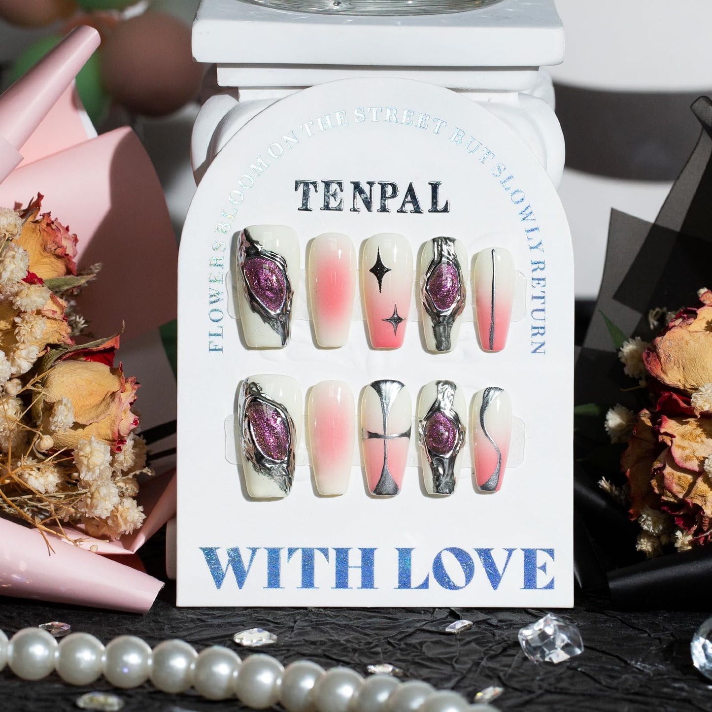 TENPAL 10pcs Coffin Press-On Nails Kit,Punk Metal Glam False Nails with Airbrush Blush Designs,Cat Eye Edgy Gradient Pink Nails with Rhinestones,Hip Hop Goth Chrome Fake Nails Set with Tools(S)