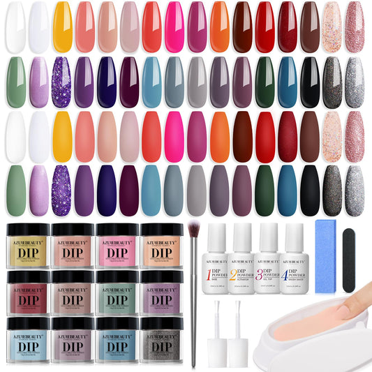 AZUREBEAUTY Dip Powder Nail Kit 32 Colors, Brown Nude Red Glitter Nail Dipping Powder Starter Set System Essential Liquid & Dip Recycling Tray Set for French Nail Art Manicure Salon DIY Home