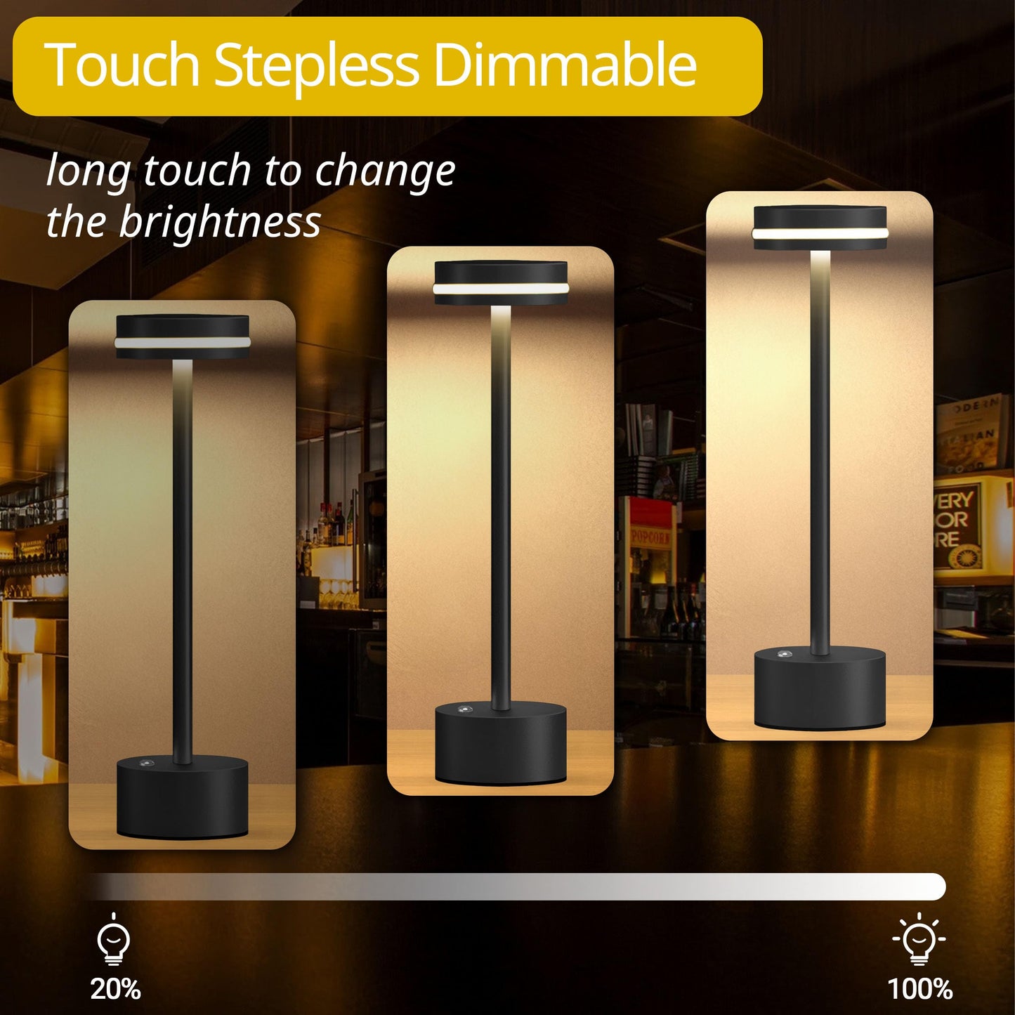 ECOESPTI Cordless Table Lamp, Portable Rechargeable Bedside Lamp, Touch Stepless Dimmable Desk Lamp, for Home Bedroom Hotel Restaurant Bar Outdoor, 2 Set, Black