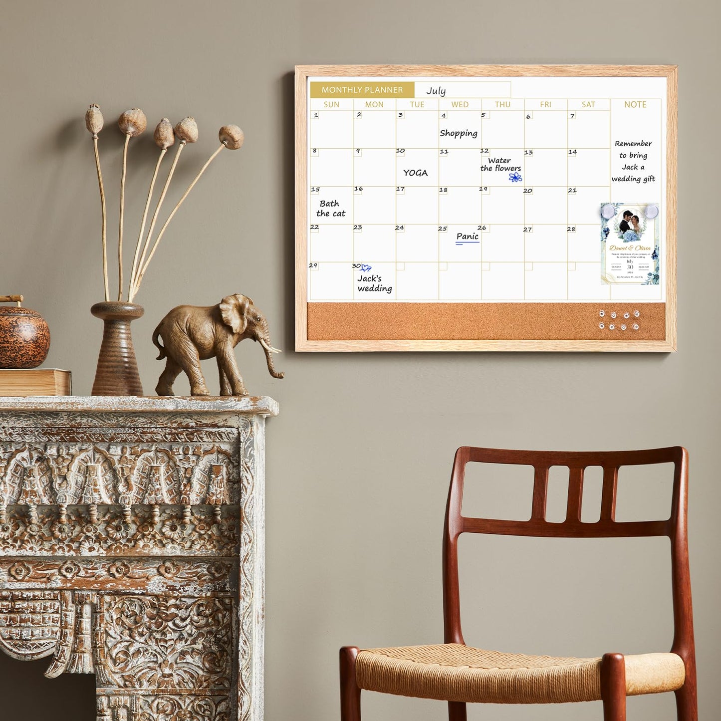 ARCOBIS Calendar Whiteboard with Cork Board, 24"x18" Wood Frame Dry Erase Calendar for Wall, Magnetic Monthly Combination Board for Home, Office, School, Kitchen, Beige