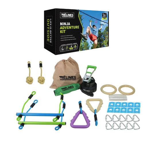 Trelines 36ft. Ninja Adventure Kit, Slackline Obstacle Course and Outdoor Playground Set - 8 Ninja Warrior Accessories - Monkey Bars for Backyard, Kids Outdoor Play Jungle Gym - Ages 5+ Holds 250lbs