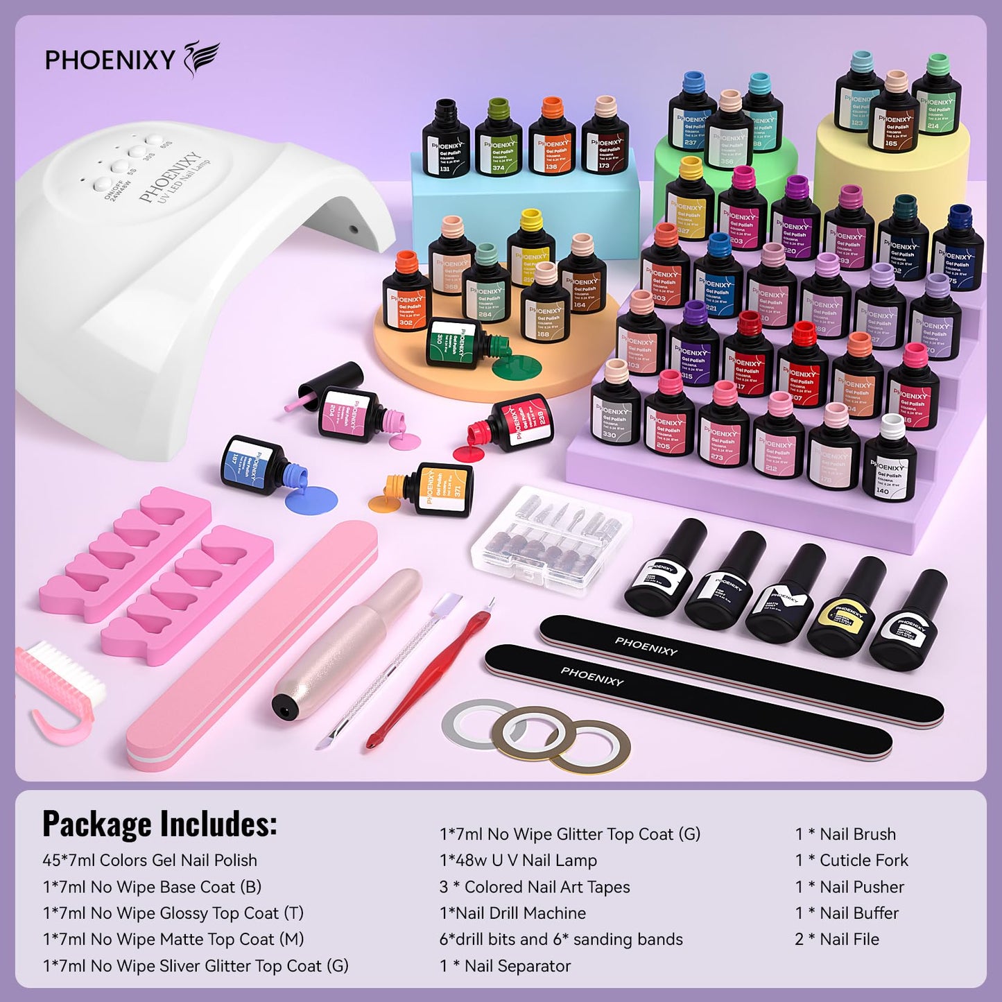 PHOENIXY 63 Pcs Gel Nail Polish Kit with U V Light and Drill, 45 Colors Gel Nail Polish with 5 Pcs Base Top Coat Manicure Starter Nail Polish Set Valentine Gifts for Women