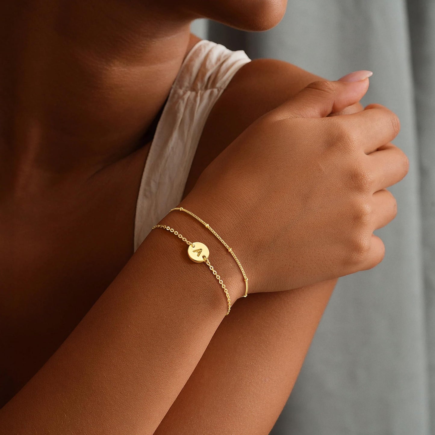 MONOZO Gold Initial Bracelets for Women Jewelry Gifts Trendy - Dainty 14K Gold Plated Layered Beaded A Letter Initial Bracelet Personalized Disc Monogram Letter Bracelets Birthday Gifts for Women Her