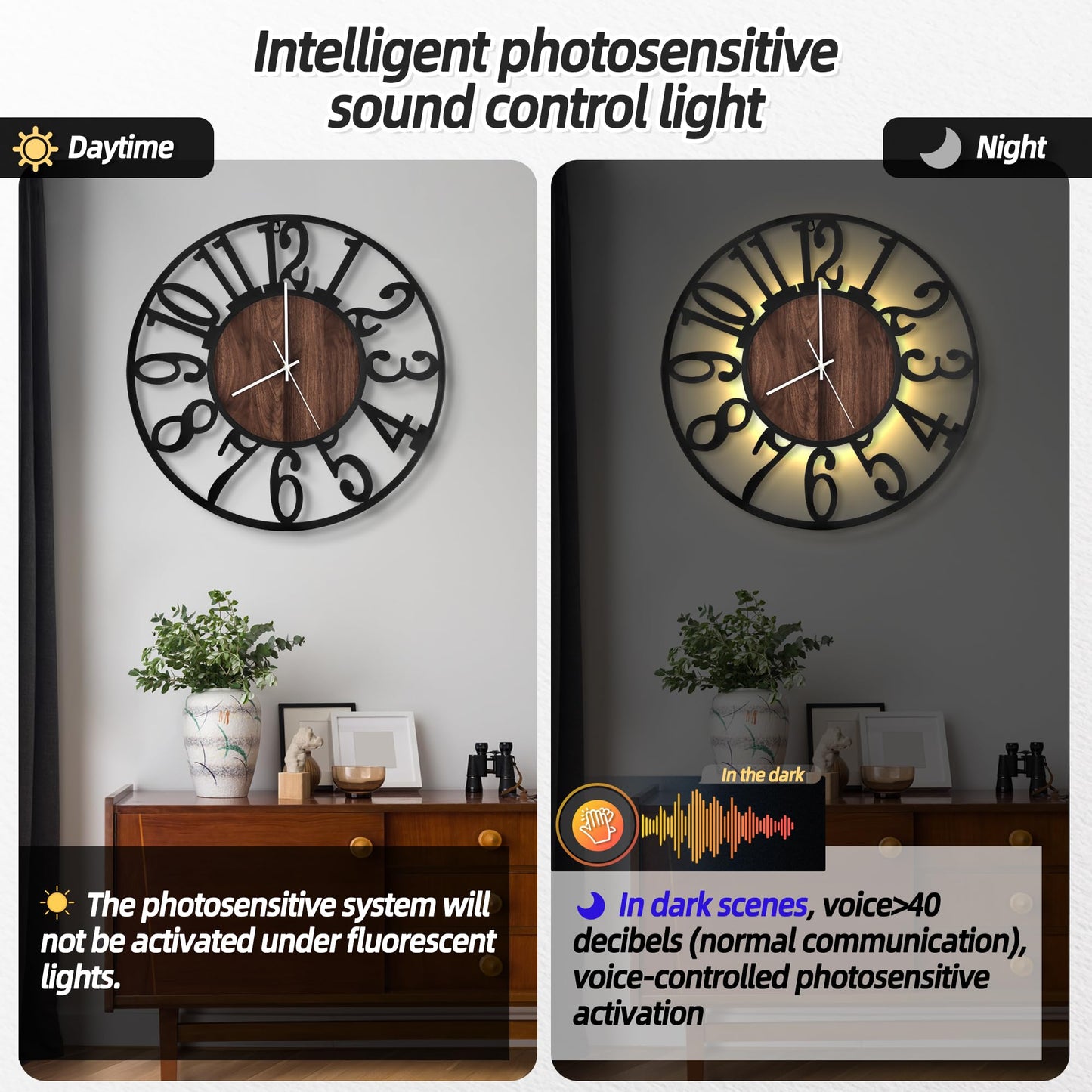 LEIKE Large Wall Clocks with Night Light Battery Operated,Silent Non Ticking,Rustic Modern Big Wood Clock for Living Room, Bedroom,Kitchen,Farmhouse,Office,Home Decor-24 Inch(Black-Arabic Number)