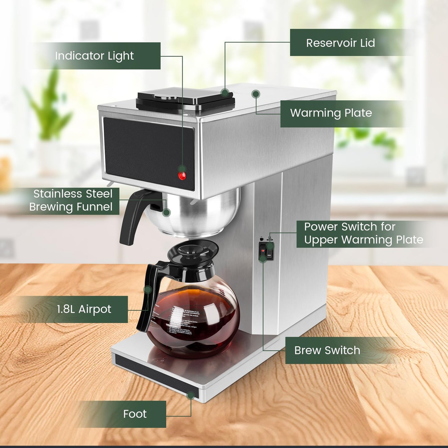 YUANHAO Commercial Coffee Maker 12-Cup with Dual Warmers, Pourover Stainless Steel Coffee Brewer Machine-120V, Compact Drip Coffee Maker for Office, Church, Break Room, Event Use
