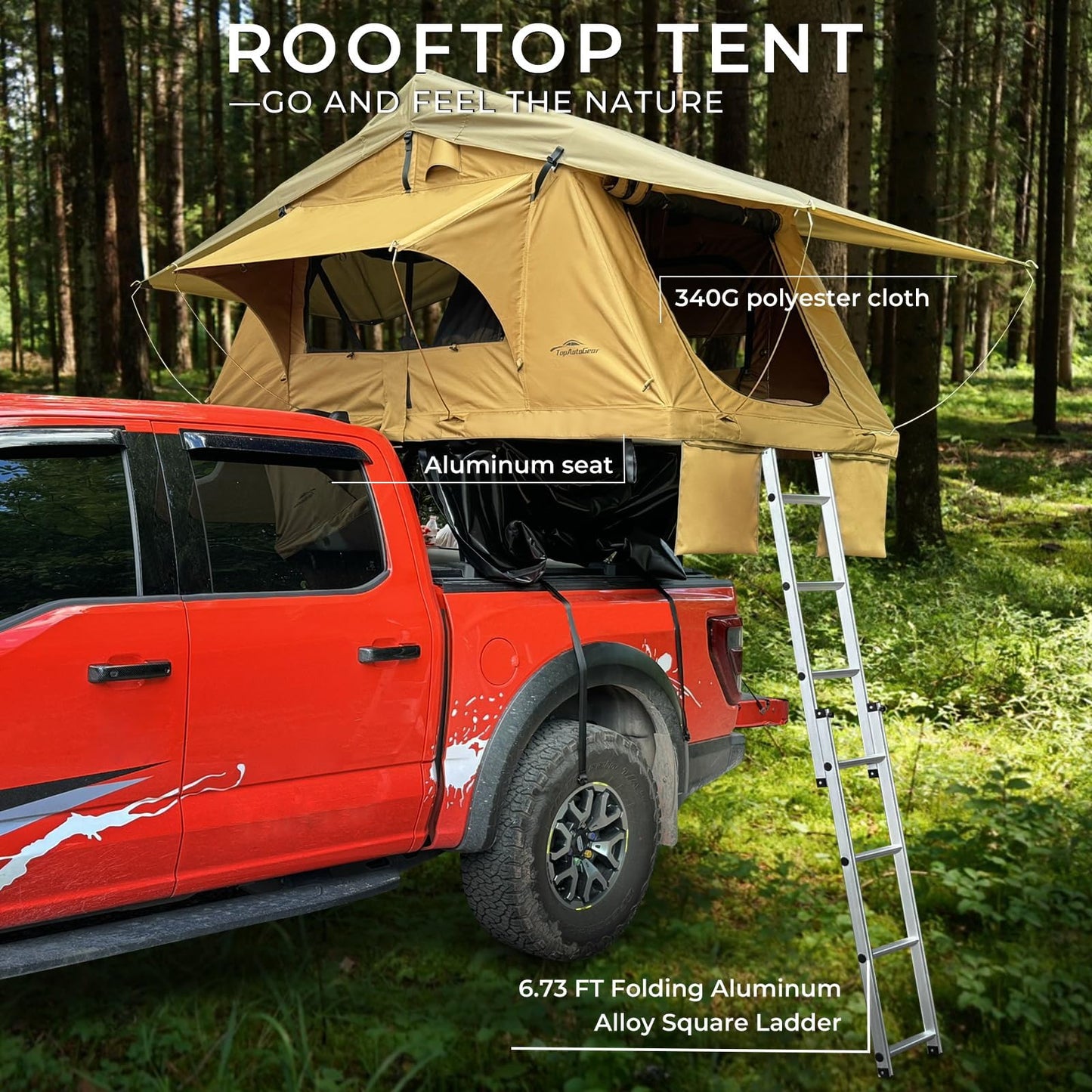 TopAutoGear Rooftop Tent for SUV & Truck Camping, Soft Shell Roof Top Tent, Quick-Setup Design with Telescopic Ladder and LED Lighting for 2-3 Person Family Adventures