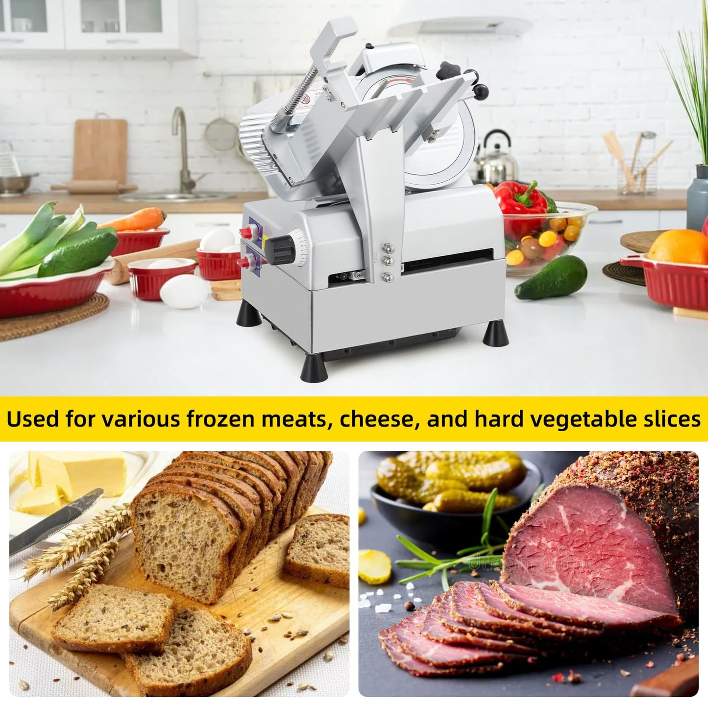 Commercial Meat Slicer, 10 in Electric Food Slicer - Fully-Auto 240W+430W, Stainless Steel, Adjustable Thickness 0-16 mm, Silver, Home & Commercial Use