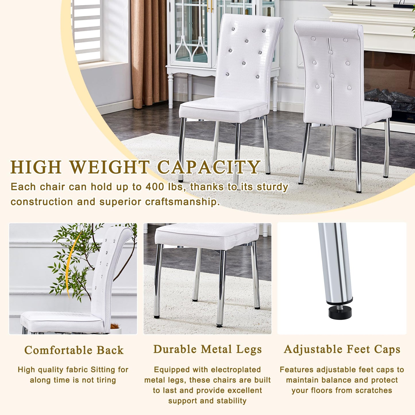 Vohward 71" Glass Dining Table Set for 6, 7 Piece Modern Tempered Glass Dining Room Table with 6 White Upholstered Chairs, Rectangular Kitchen Table Set with Chrome Metal Legs, 400 lb Capacity