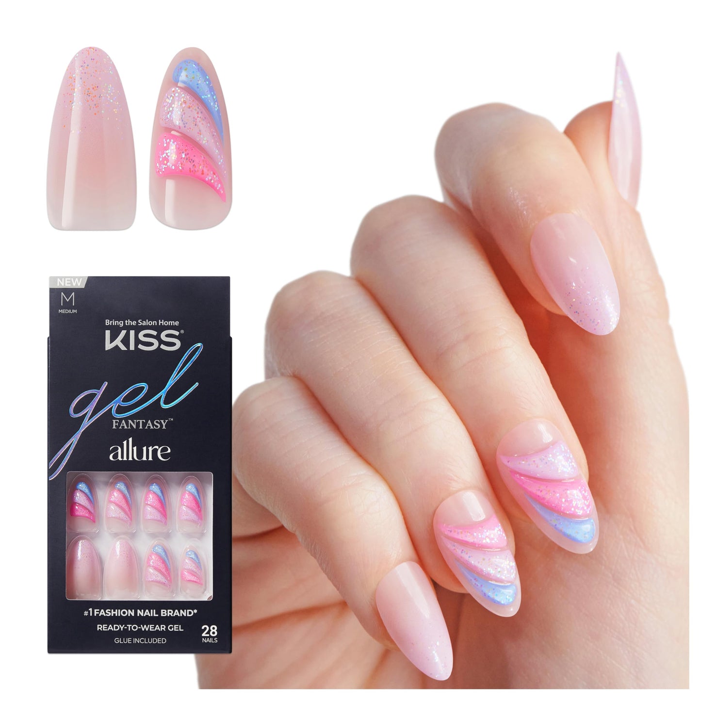 KISS Gel Fantasy Allure Press On Nails, Ready to Wear, 3D Design, Waterproof, Pink Gel Nail Glue 0.07 Oz. (2g), Manicure Stick & Mini File, 28 Count