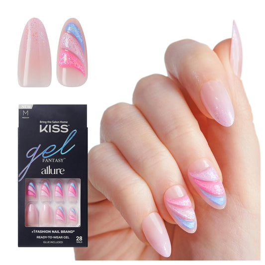 KISS Gel Fantasy Allure Press On Nails, Ready to Wear, 3D Design, Waterproof, Pink Gel Nail Glue 0.07 Oz. (2g), Manicure Stick & Mini File, 28 Count