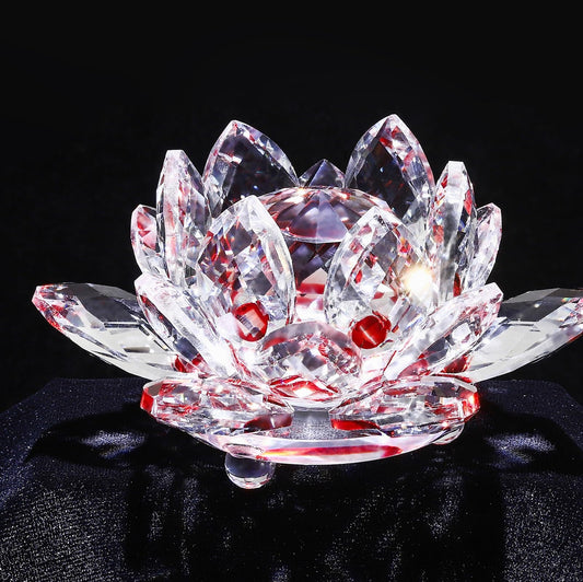 TENGFENG Sparkle Crystal Lotus Flower - 4'' Hue Reflection Clear Crystal Lotus for Feng Shui Home Decor Sun Catcher Ornaments or Paper Weight with Gift Box (100MM) Transparent RED