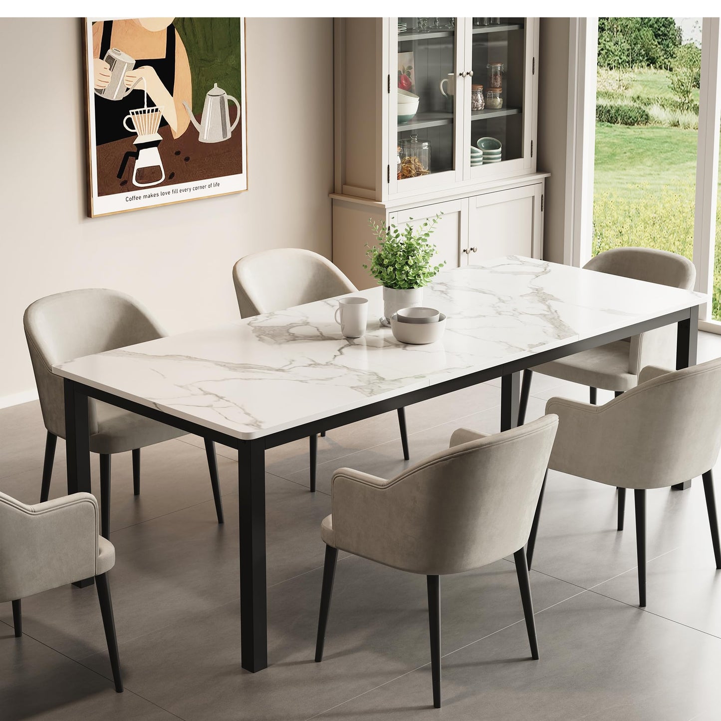 GarveeHome 70.8 in Industrial Dining Table for 6, Wooden Long Dinner Table with Mortise Tenon Design, Kitchen Table with Sturdy Metal Legs, for Dining Room Home Office Living Room, White
