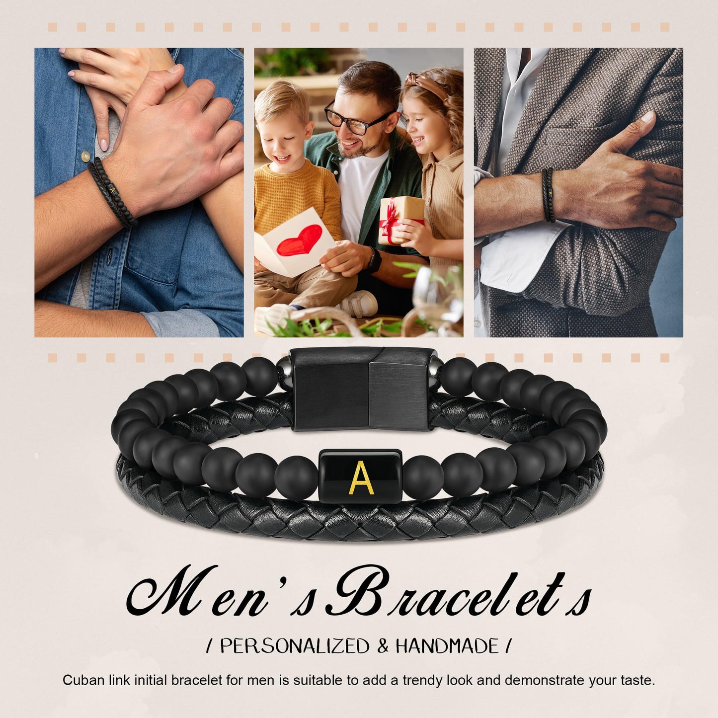Mens Leather Bracelet with Initial - Men Gift Matte Agate Bead Magnetic Clasp Black Leather Bracelets Mens Gifts Men Bracelets with Initial N Bracelet for Men's Jewelry Men's Gifts for Dad Husband Him