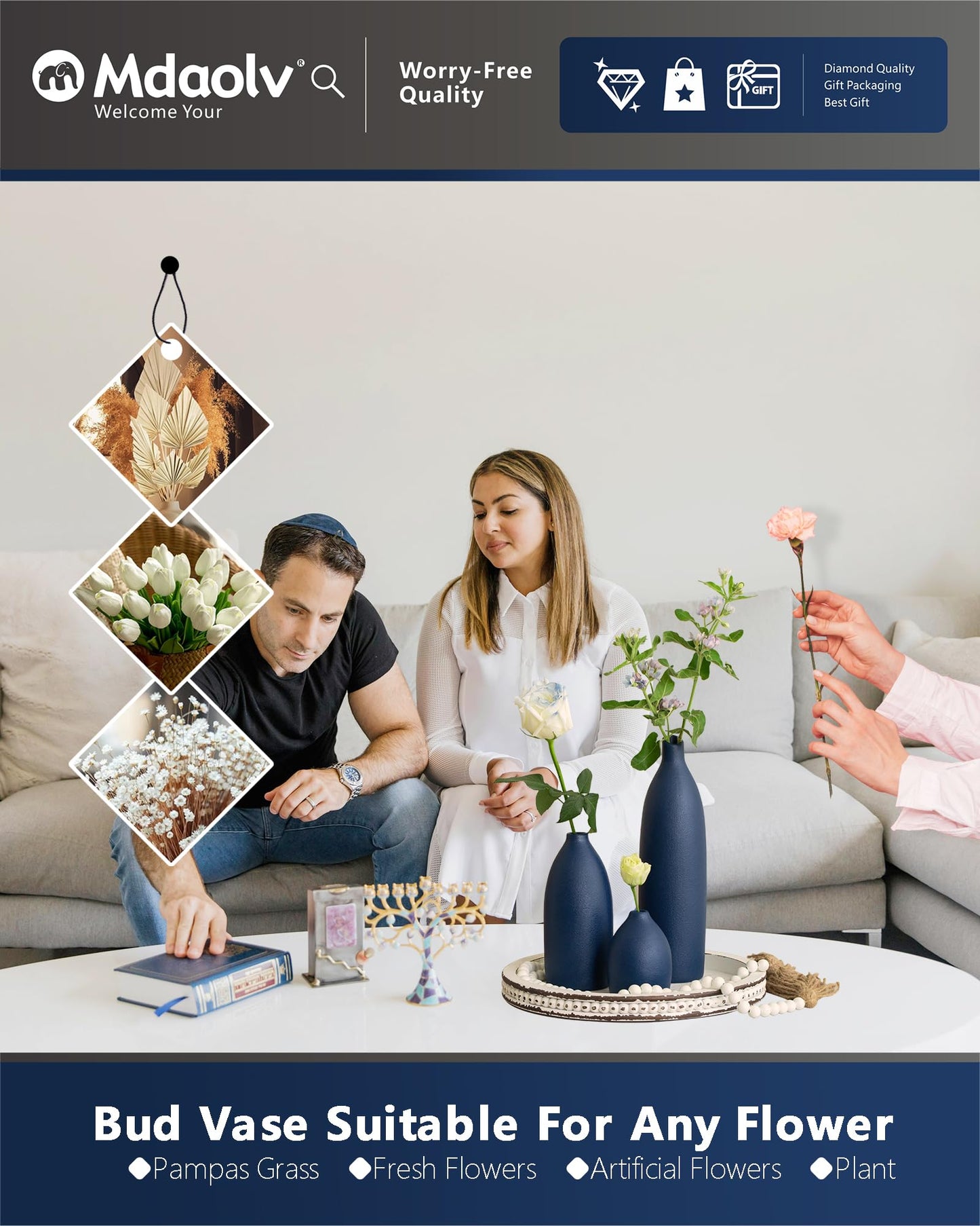 Mdaolv Matte Blue Vase Set Navy Blue Decor Coastal Decor Vases for Kitchen Island Living Room Office Table Fireplace Mantle Decorations & Bathroom Shelf Decor Centerpiece Table Decorations Ceramic