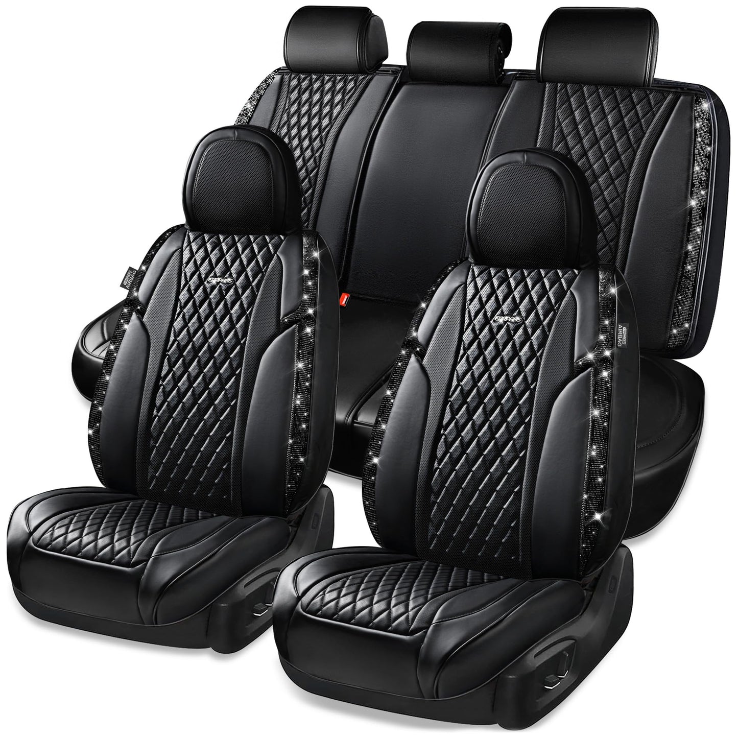 CAR Pass Bling Car Seat Covers, Microfiber Nappa Leather Luxury Cushioned, Waterproof Heavy-Duty Anti-Slip Universal Fit for Auto SUV Sedan, Sparkly Glitter Shining Rhinestone Full Set, Black Diamond