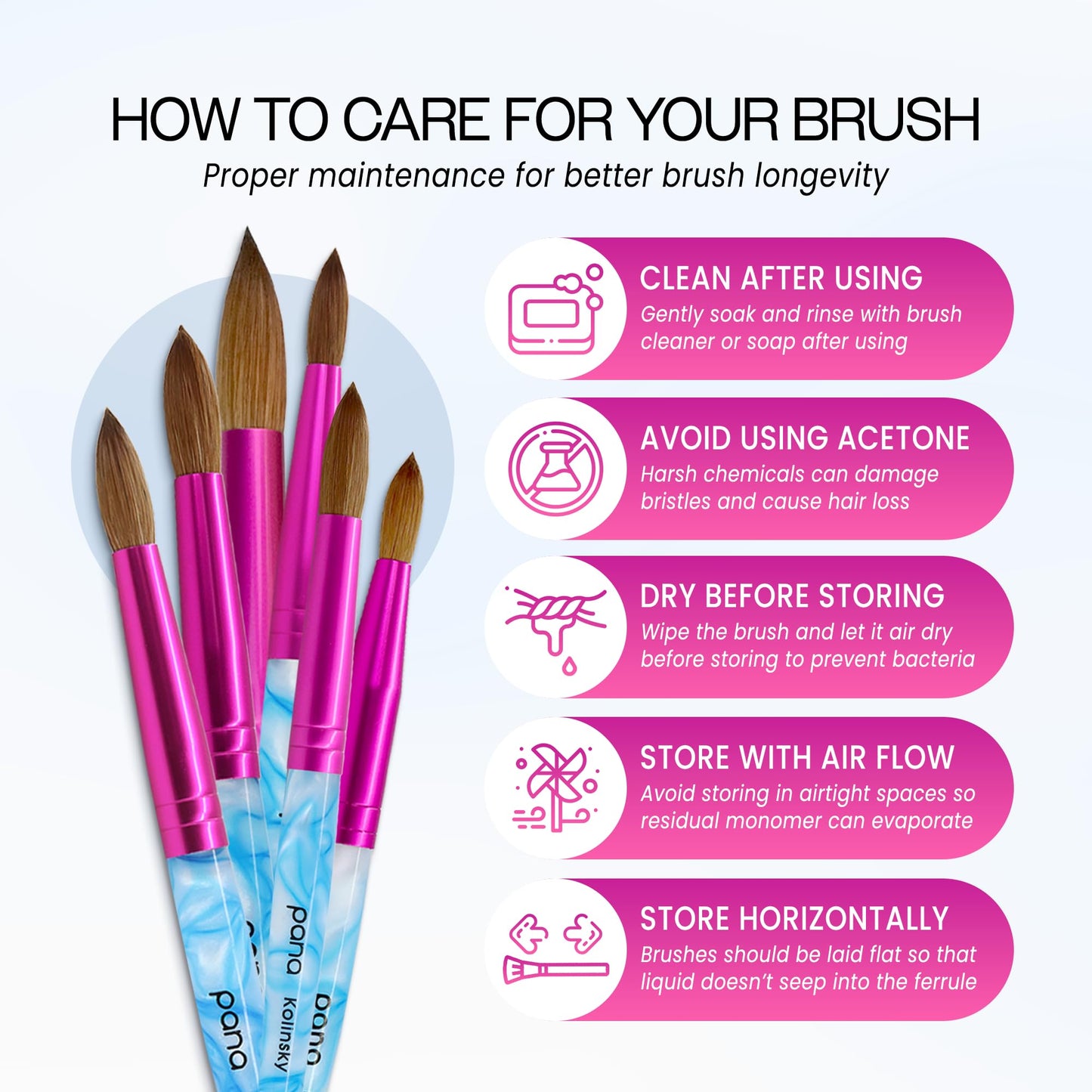 PANA Pure Kolinsky Hair Acrylic Nail Brush - Round Shape Pink Ferrule with White Swirl Blue Handle (Size 6) - Nail Brush for Acrylic Nail Application, Nail Extension, Manicure Pedicure Salon Beginner