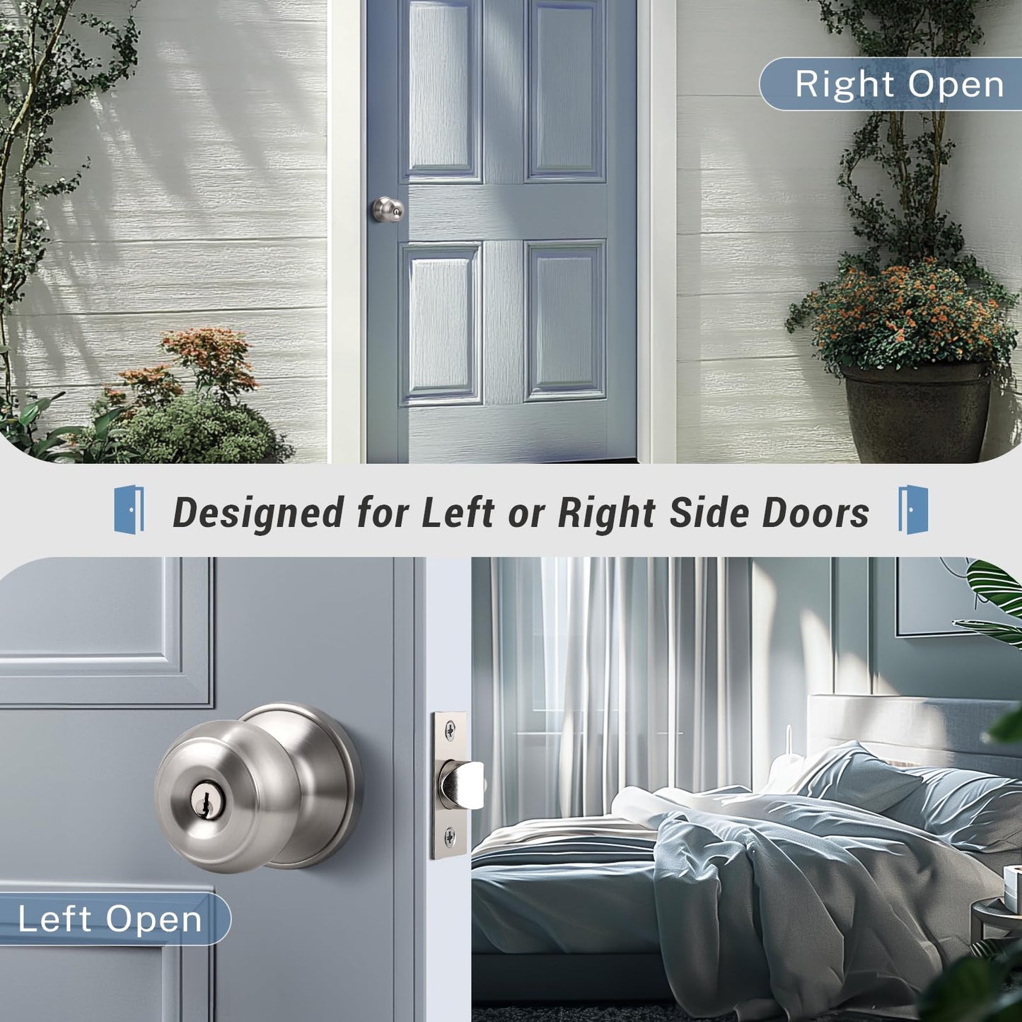 KNOBWELL 3 Pack Brushed Nickel Door Knob with Lock and Key, Keyed Alike, Exterior Keyed Door Knobs Lock with Same Keys in Solid Stainless Steel for Entrance and Front Door, Round Ball Handle