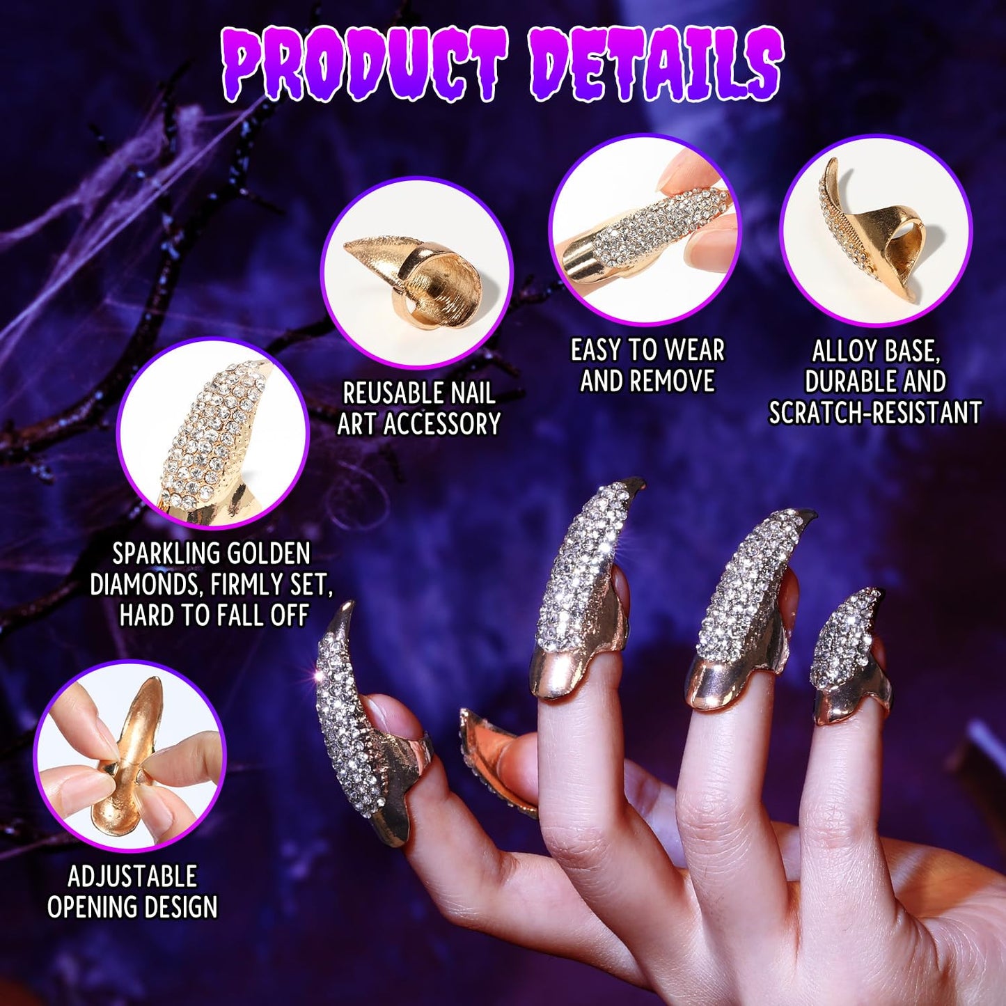 10 Pcs Gothic Punk Halloween Costume Accessories Adjustable Claws Ring Set, 3 Sizes Fake Nails Crystal Full Finger Rings for women Men Nail Art Vampire Cat Wolf Cosplay Party (Golden)