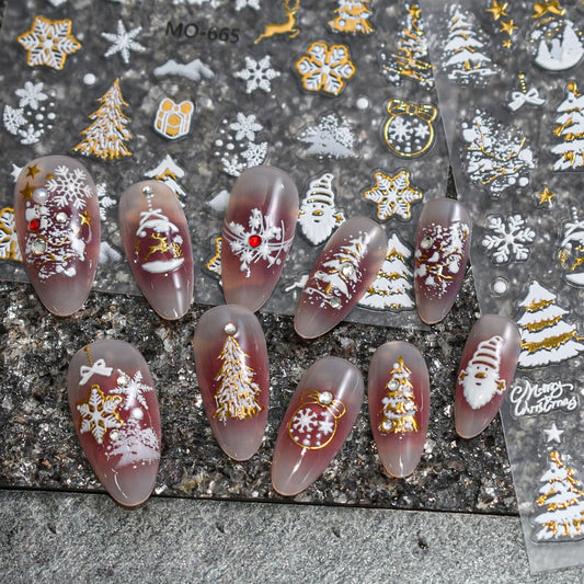 3Pcs 3D White Christmas Nail Stickers Embossed Nail Decals with Gold Glitter Xmas Tree Snowman Snowflakes Elk Design Winter Xmas Nail Art Decoration Supplies Holiday Nail Sticker for Women