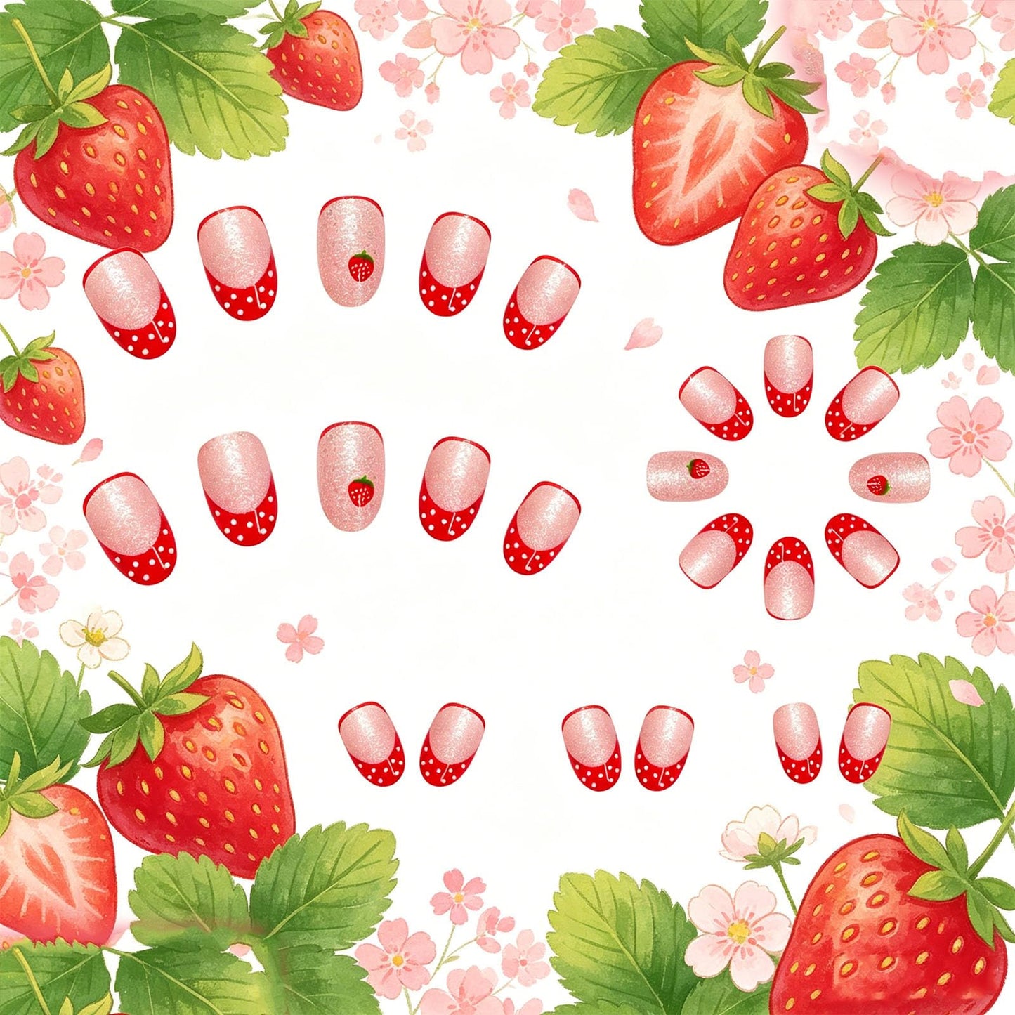 Strawberry Press on Nails Red French Tips False Nails with Fruit Design Medium Oval Fake Nail Glossy Silver Glitter Glue on Nail White Polka Dots Stick on Fingernails for Women Summer Daily Wear