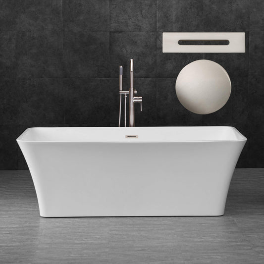 WOODBRIDGE 67" Acrylic Freestanding Bathtub Contemporary Soaking Tub, White Acrylic (Brushed Nickel Drain/Overflow),B0004 -B/N-Drain &O