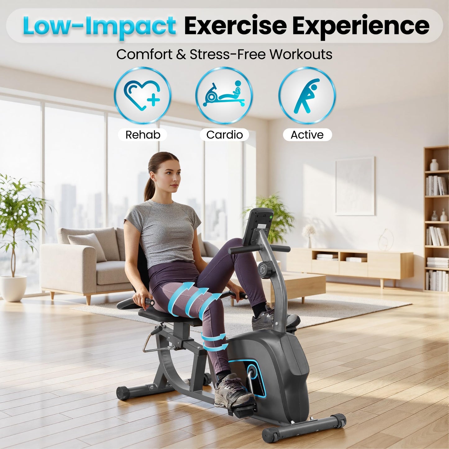 oCuZen Recumbent Exercise Bike for Home, Recumbent Stationary Bike for Adults & Seniors with 8-Level Magnetic Resistance, Adjustable Seat, Heart Rate Handle & LCD Display, 300LB Capacity
