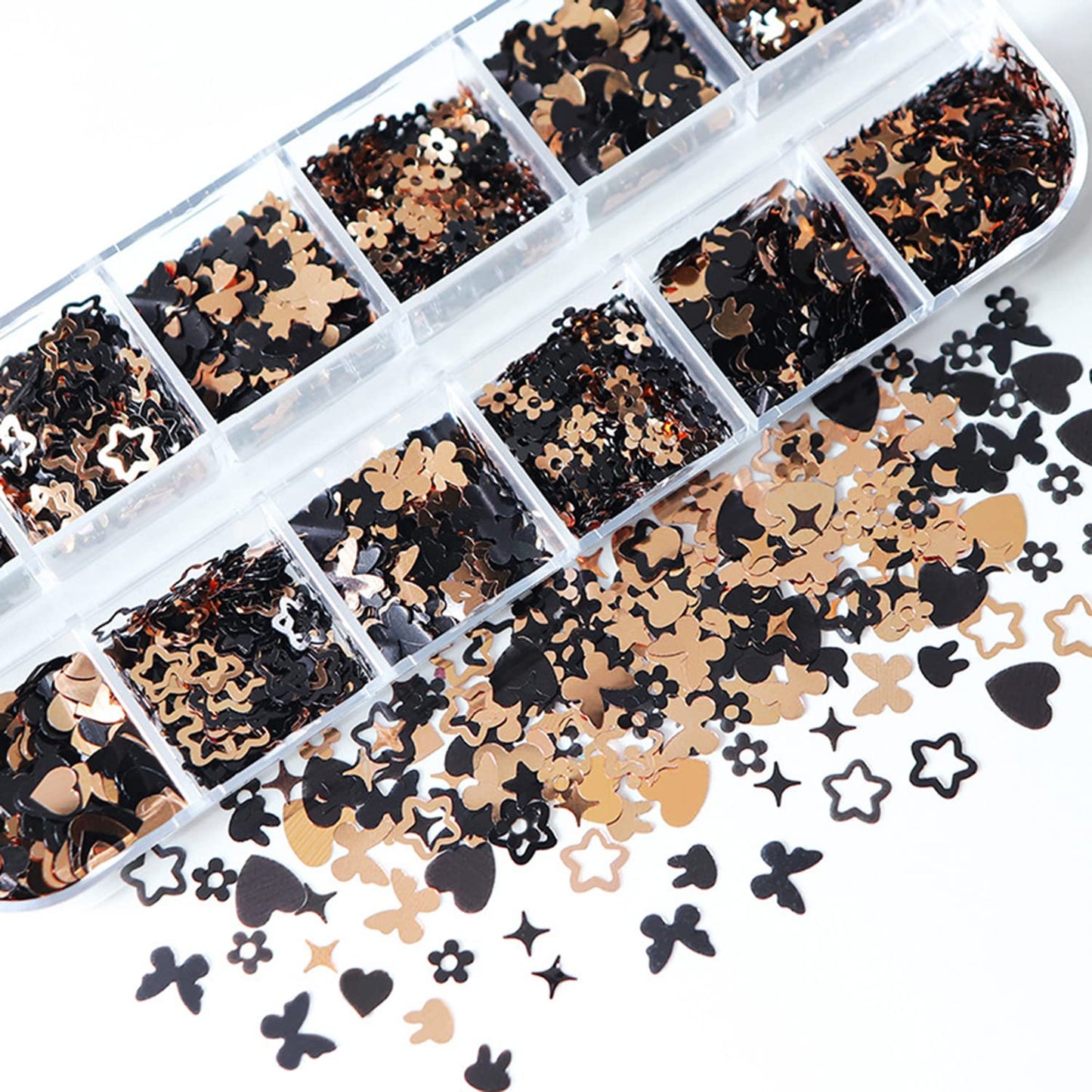 Nail Art Glitter Sequins, Gold and Black 3D Glitter Nail Flakes Designs, Heart Butterfly Stars Flowers Rabbit Sparkly Nails Supplies for Women Girls Manicure Charms Decorations, Shiny Resin Nail Art