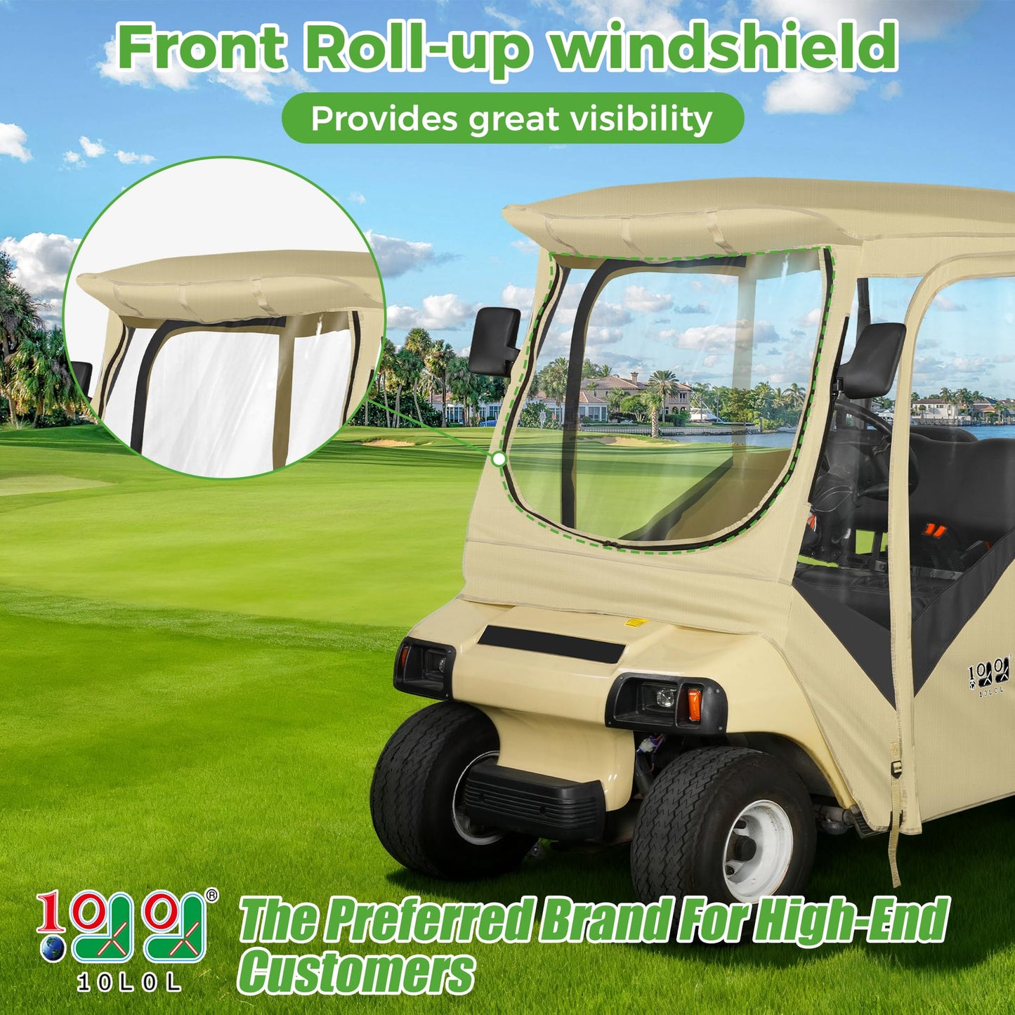 10L0L 4 Passenger Golf Cart Enclosure for Club Car DS (Short Roof 56"), Windproof Waterproof Portable Storage Cover 4-Sided Clear Window & Roll-up Zipper Door - Beige Gray