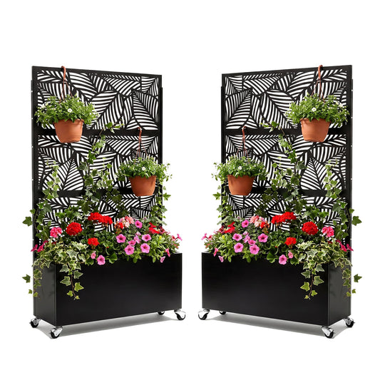 Veemuaro Metal Planter Box with Trellis, 70" H × 46" L Freestanding Outdoor Raised Garden Bed with Privacy Screen, Wheels and Drainage Holes, Leaf Privacy Screen Planter Box for Garden, 2PCS