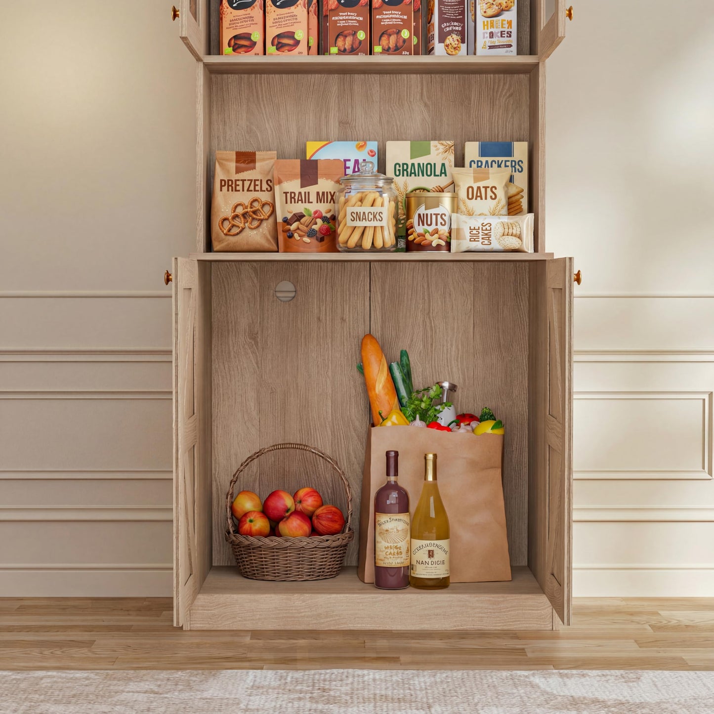 Vyre 71" Farmhouse Pantry Cabinet Set of 2, Rustic Brown Freestanding Coffee Bar Hutch with Glass Doors & Adjustable Shelves, Microwave Stand for Kitchen, Living Room