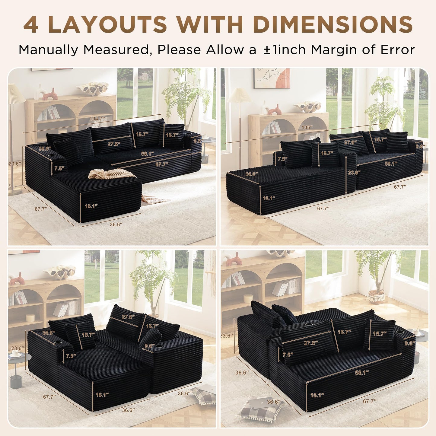 Fahomiss Modular Compressed Sectional Sofa Set – Velvet Corduroy Upholstery, Convertible Couch with Cup Holders and Pillows for Living Room, Black