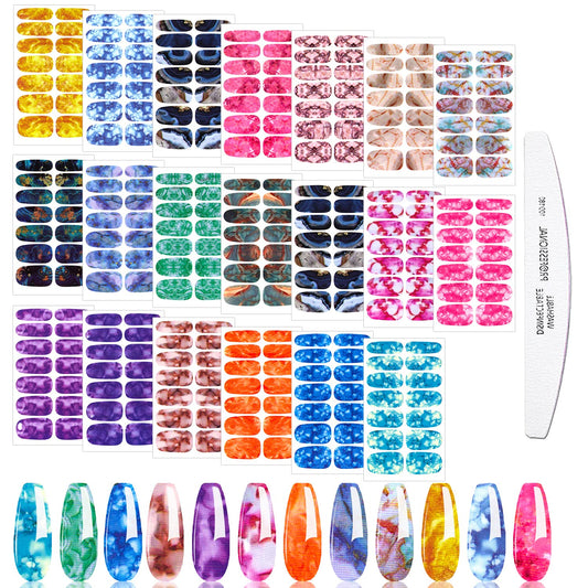 JERCLITY 20 Sheets Candy Color Marbling Nail Polish Strips Stickers with Nail File Self-Adhesive Marbling Nail Stickers Full Nail Wraps for Women Nail Strips Manicure Kit for DIY Nail Art