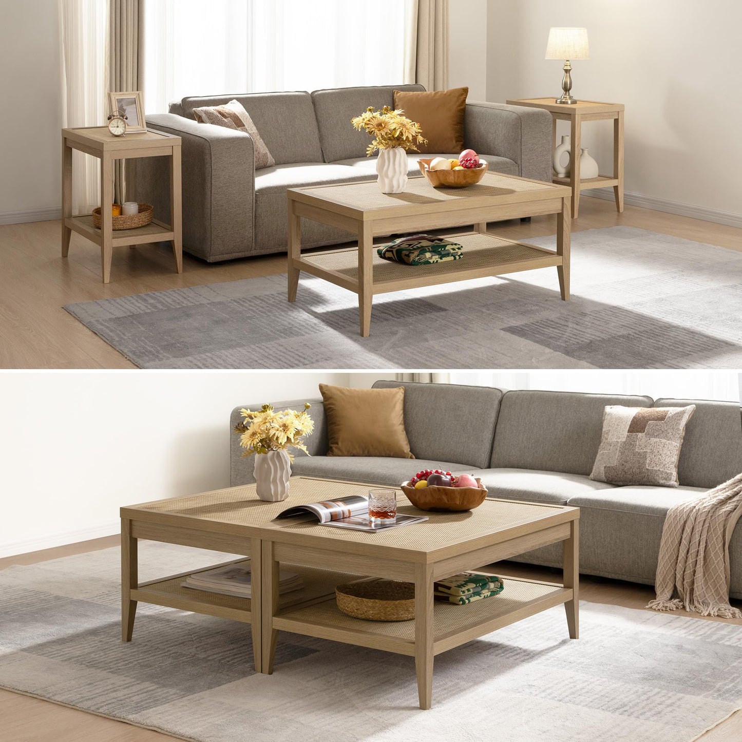 SICOTAS Rattan Coffee Table for Living Room - Boho Rectangular Dining Center Table with 2 -Tiers Rattan Storage Shelf, Farmhouse Accent Table for Living Room, Home Office, Light Oak