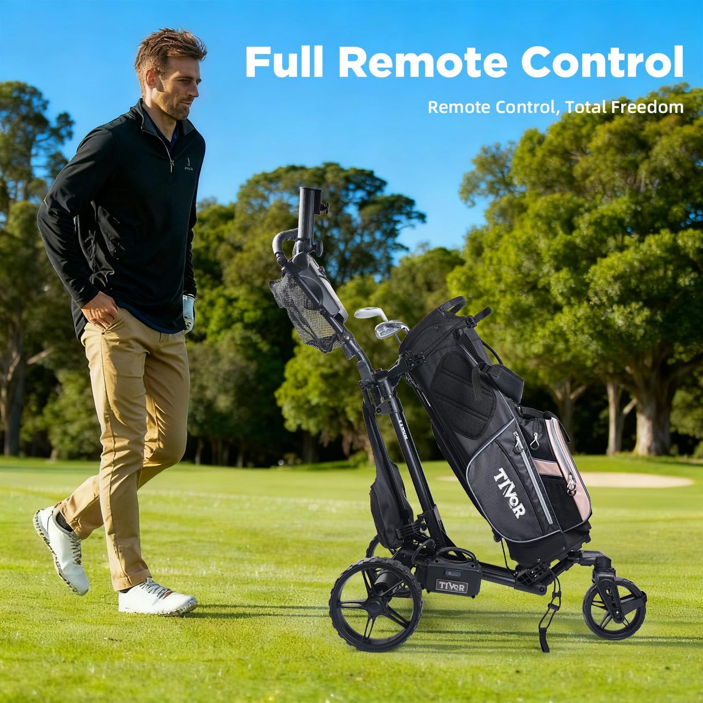 Tivor Electric Golf Push Cart with Remote Control,3 Wheel Golf Push cart with 4V10Ah Li-Ion Battery, 9 Speed Gears, Extra Large Storage, 360° Front Wheels, 2-Stage Folding with E-Brake