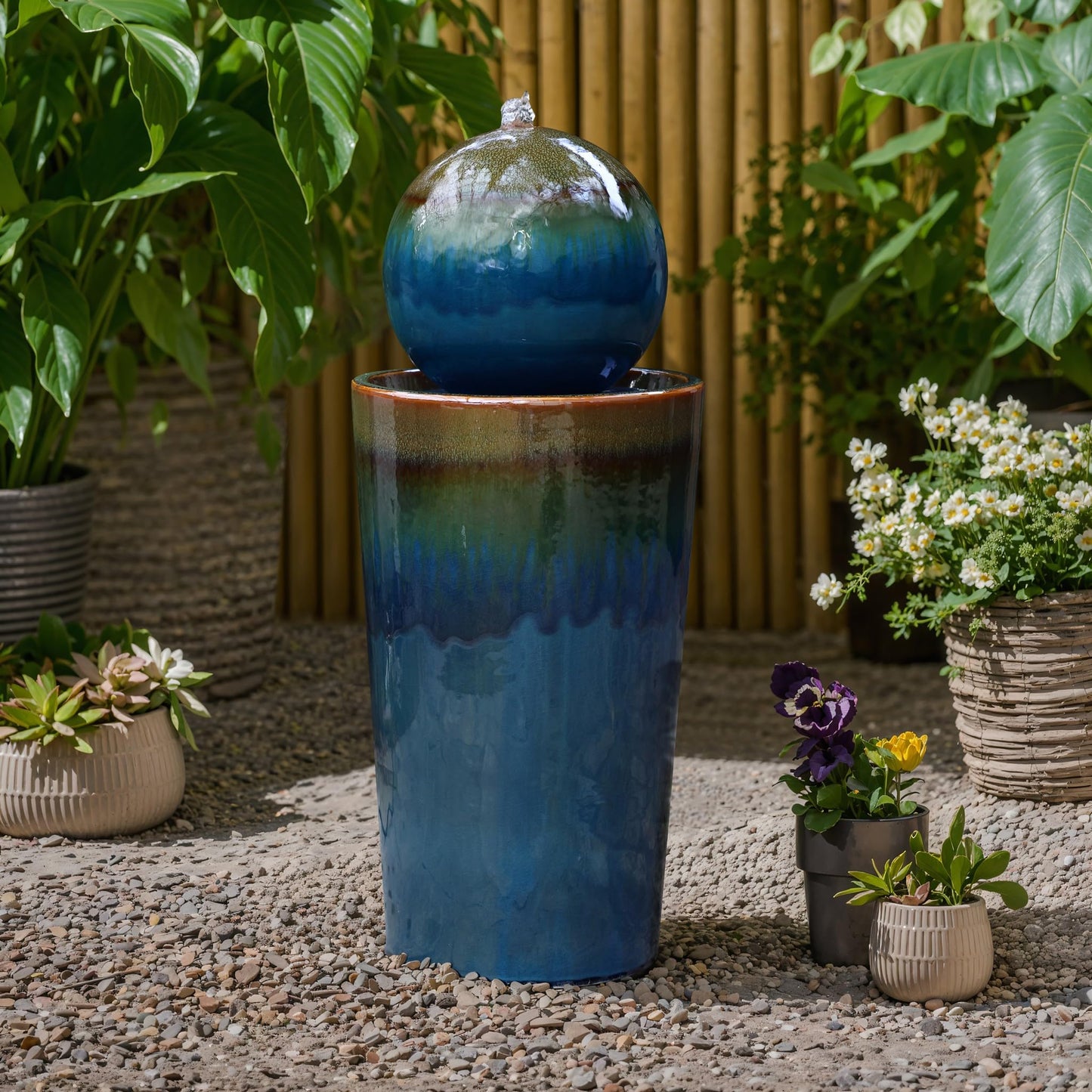 LuxenHome 30" Water Fountain Outdoor and Indoor, Glazed Blue Bubbling Sphere Ceramic Garden Outdoor Water Fountain, Elegant Modern Waterfall Garden Decor for Patio, Lawn, and Backyard