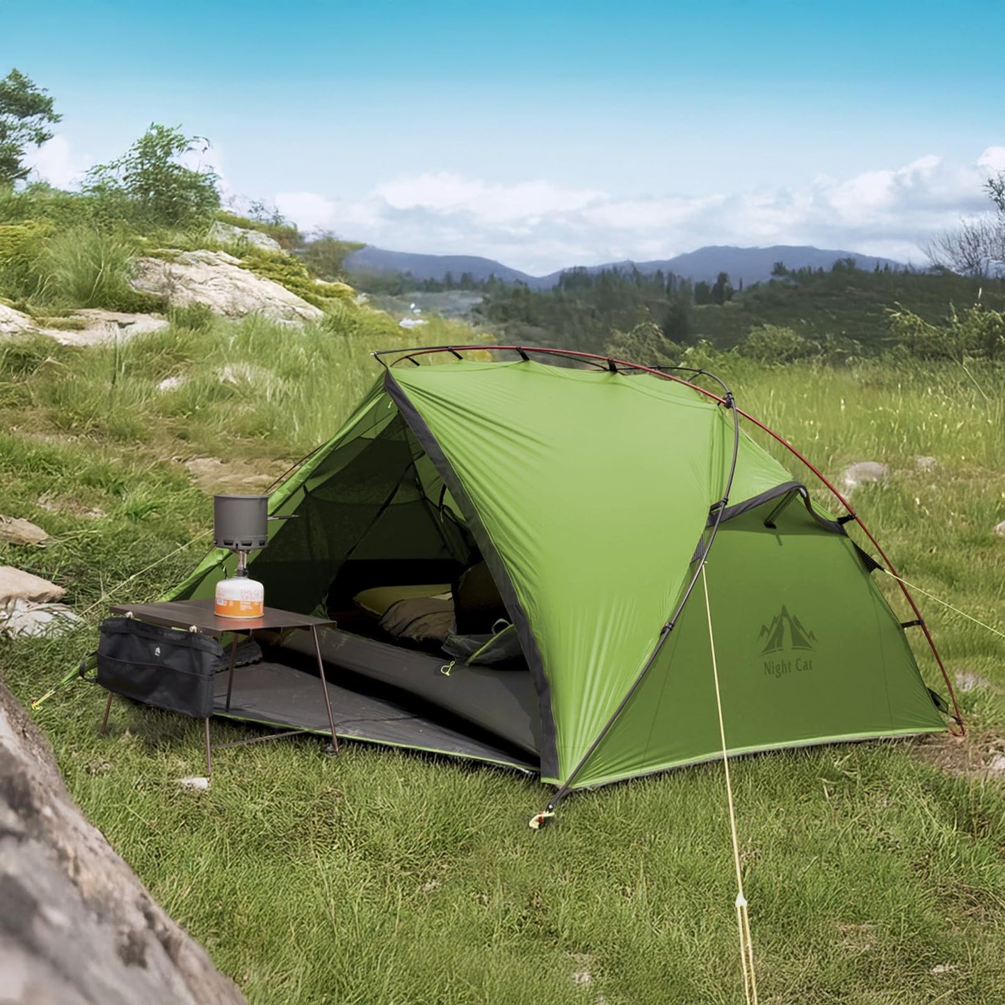 Night Cat Ultralight Backpacking Tent: Waterproof Lightweight Single People Camping Tent for Outdoor Hiking Trekking with Double Layers Aluminum Poles and Footprint 1 Person Green