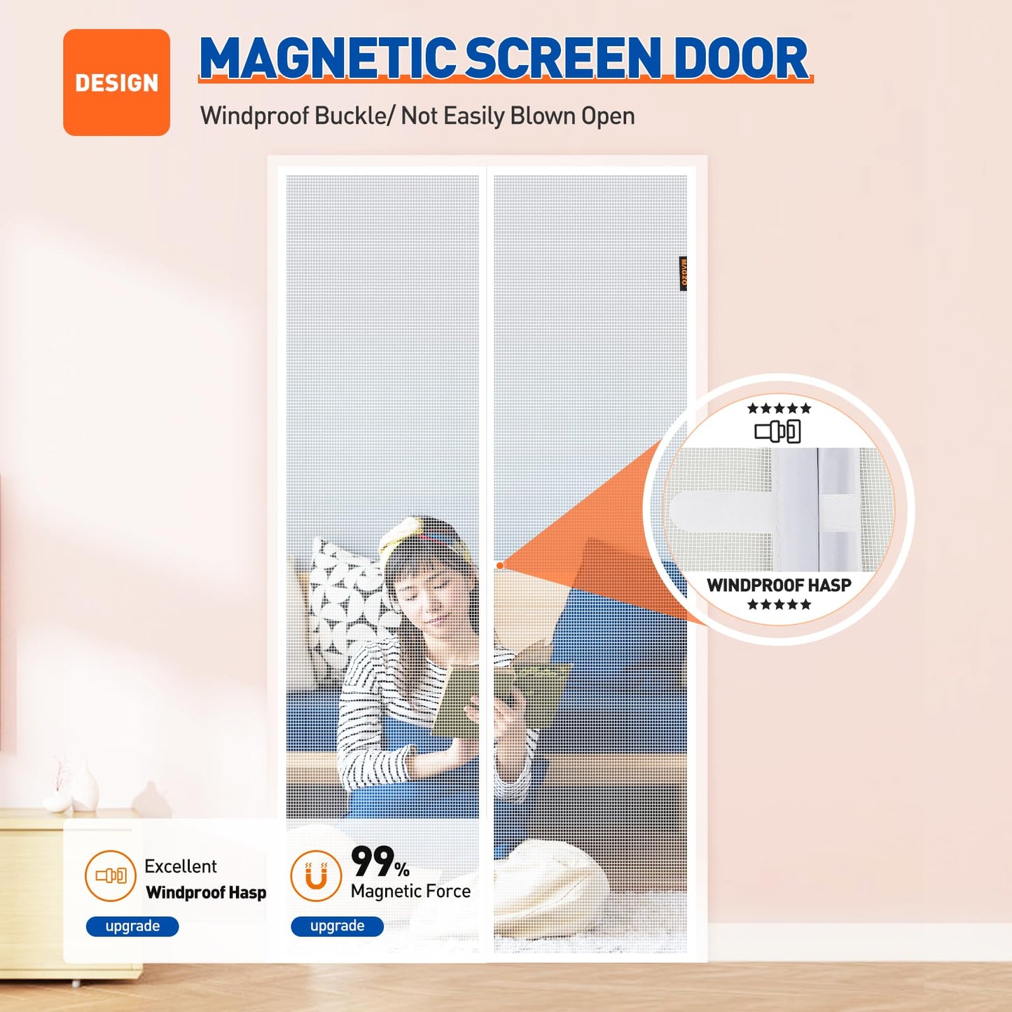 MAGZO Magnetic Screen Door Fit Door Size 36 x 80 Inch, Screen Size 38" x 81" Strong Magnet Door Mesh with Reinforced Hook & Loop for Patio, Sliding, French Door, White