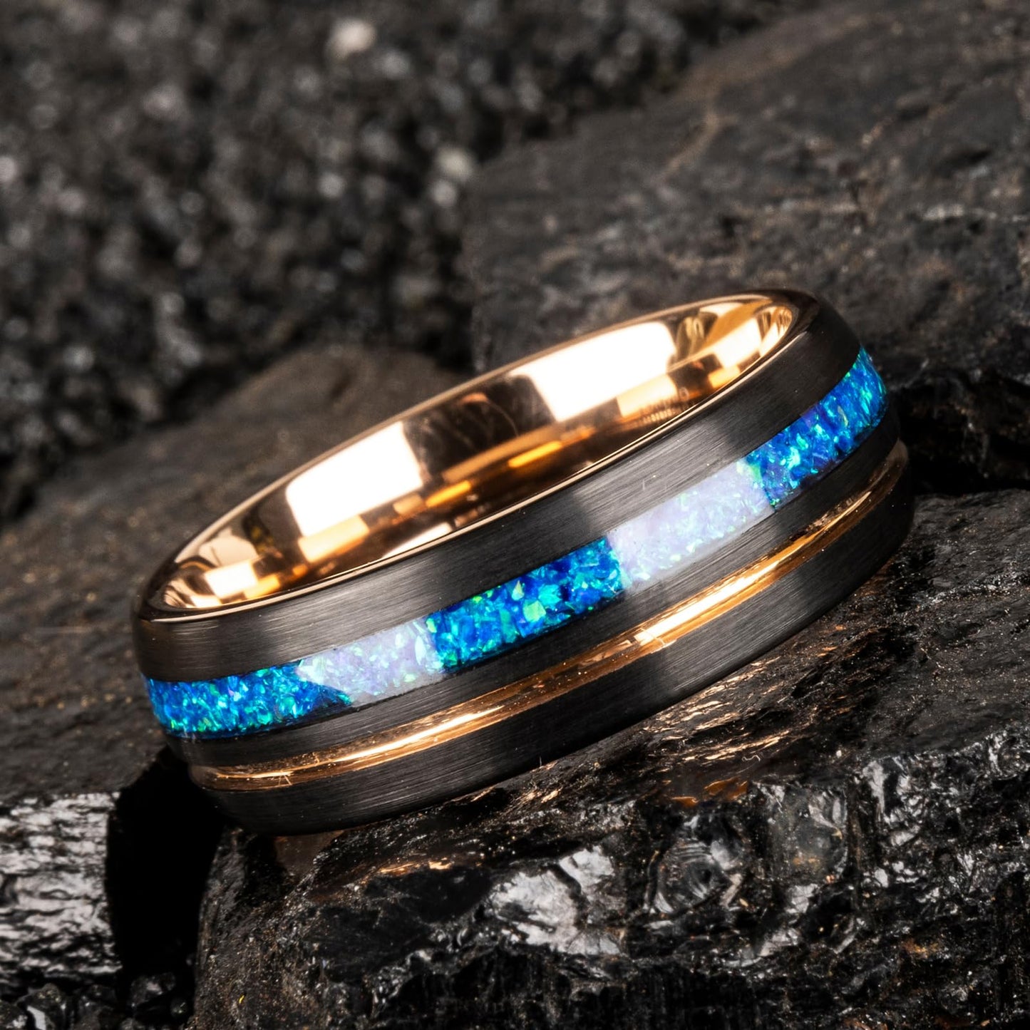 JEWPER 8mm Men Womens Wedding Band Tungsten Rings Black Blue rose gold Fashion Promise Carbide outer ring Inlaid Opal groove design Matte Finish Edge Comfort Fit Size(10)