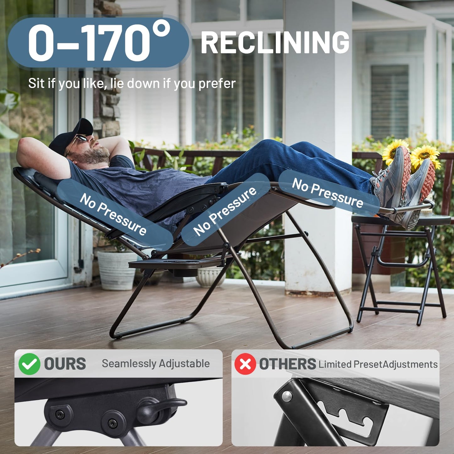 Timber Ridge Oversized Zero Gravity Chair, 33In Wide XXL Zero Gravity Reclining Chair with Side Table, Full Padded Lounge Chair for Outdoor Camping Patio Lawn, Heavy Duty Supports 500lbs, Grey-2 Pack