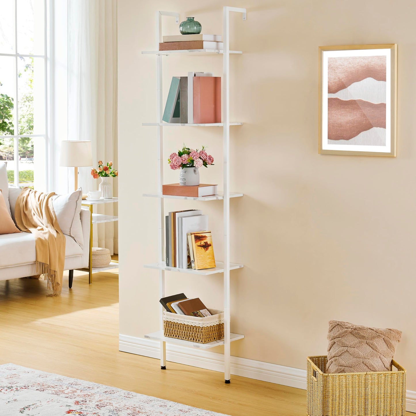 Tajsoon Ladder Shelf, White 5-Tier Wood Wall Mounted Bookcase with Metal Frame, Modern Open Display Rack, Storage Shelves for Bedroom, Home Office, Living Room