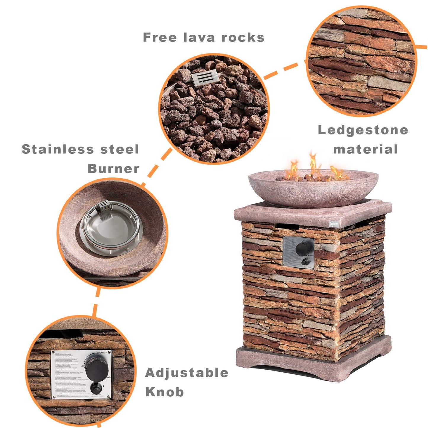 COSIEST Outdoor Propane Fire Pit Table w Faux Brown Compact Ledge Stone 20" Square Base and Faux Rose-Marble Round Bowl, Certified, 40,000 BTU, Free Lava Rocks, Fits 20lb Tank Inside, Raincover