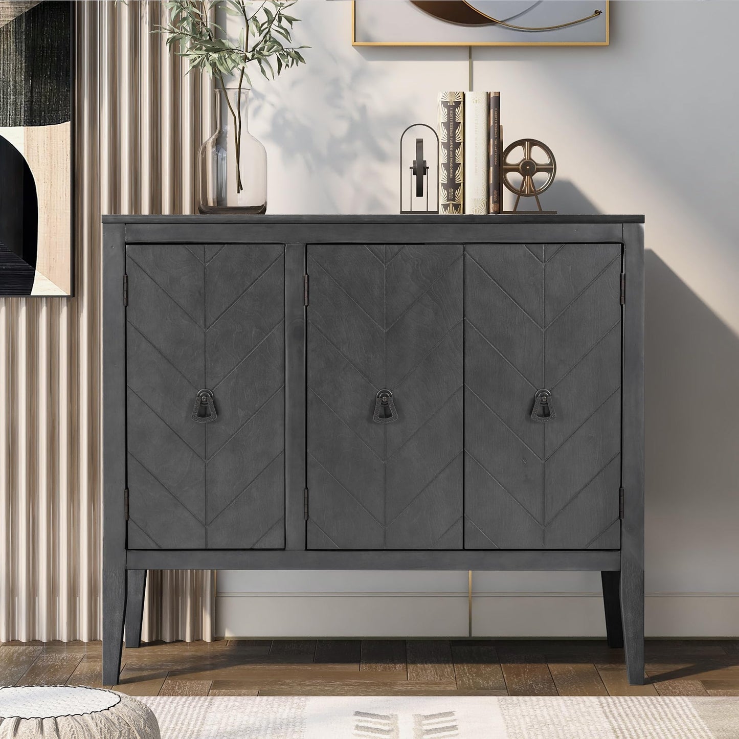 Merax Country Style Shelf Storage Sideboard Buffet Cabinet with 3 Retro Metal Handles and 4 Pinewood Legs,37.0" Elegant Entryway Table for Entryway, Living Room,Study Room,Dining Room,Grey