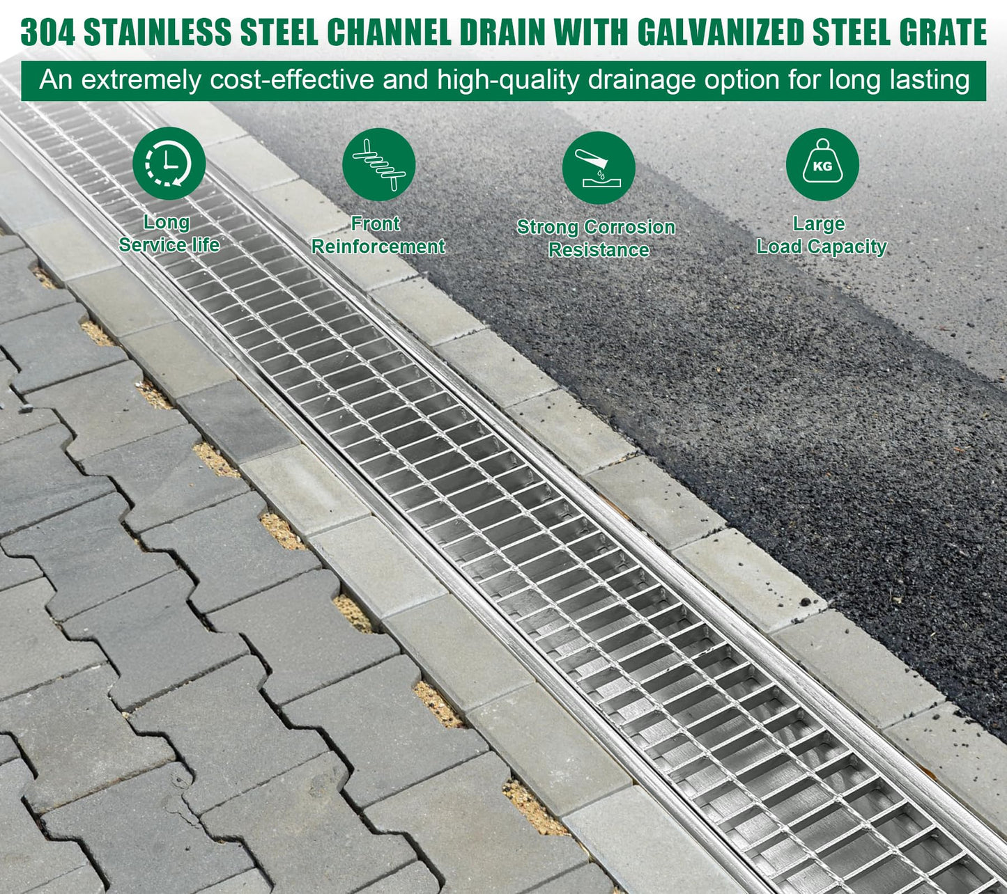Natotela Driveway 304 Stainless Steel Channel Drain with Galvanized Steel Grate-39.4x7.1x6.3in B125 Heavy Duty Metal Trench Drain System,Durable Outdoor Drainage System for Garage,Parking Lot