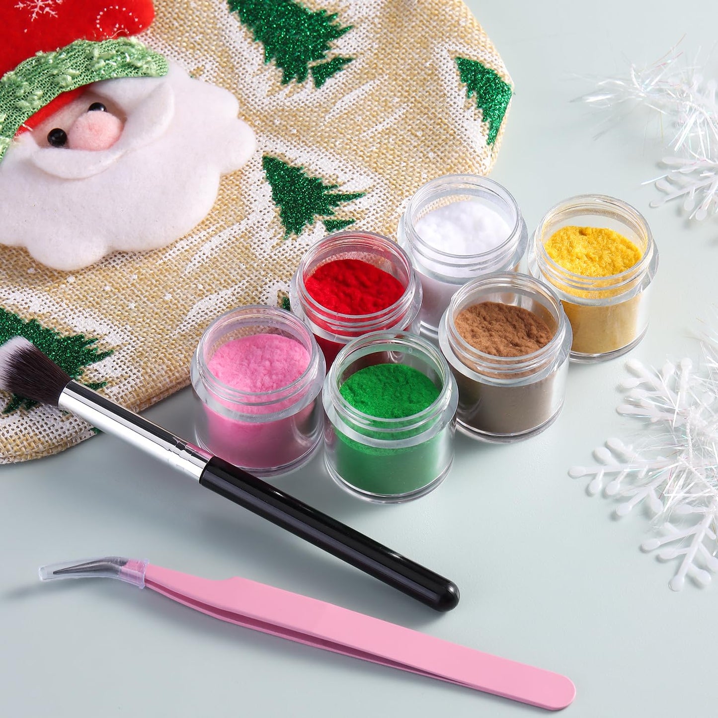 Furtherpretty Nail Flocking Powder Set, 6 Colors Velvet Powder for Nails, Red, Pink, Green, Yellow, White Flocking Fibers for Christmas Nail Art & DIY Crafts, Manicure Salon Supplies with Brushes