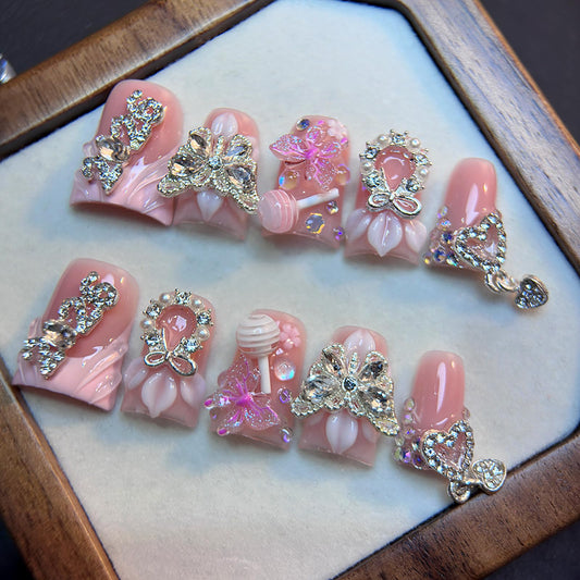 10Pcs Pink Duck Press on Nails Handmade Fake Nails Reusable False Nail with 3D Butterfly Flower Rhinestone Design Acrylic Duck Nails Press ons Cute French Tip Artificial Stick on Nails for Women (S)