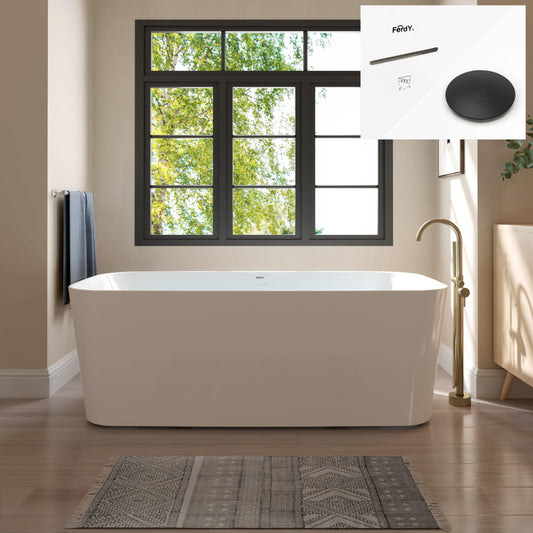 FerdY Maui 67" Acrylic Freestanding Bathtub, Contemporary Elegant Design Soaking Tub with Matte Black Drain and Minimalist Linear Design Overflow, Easy to Install