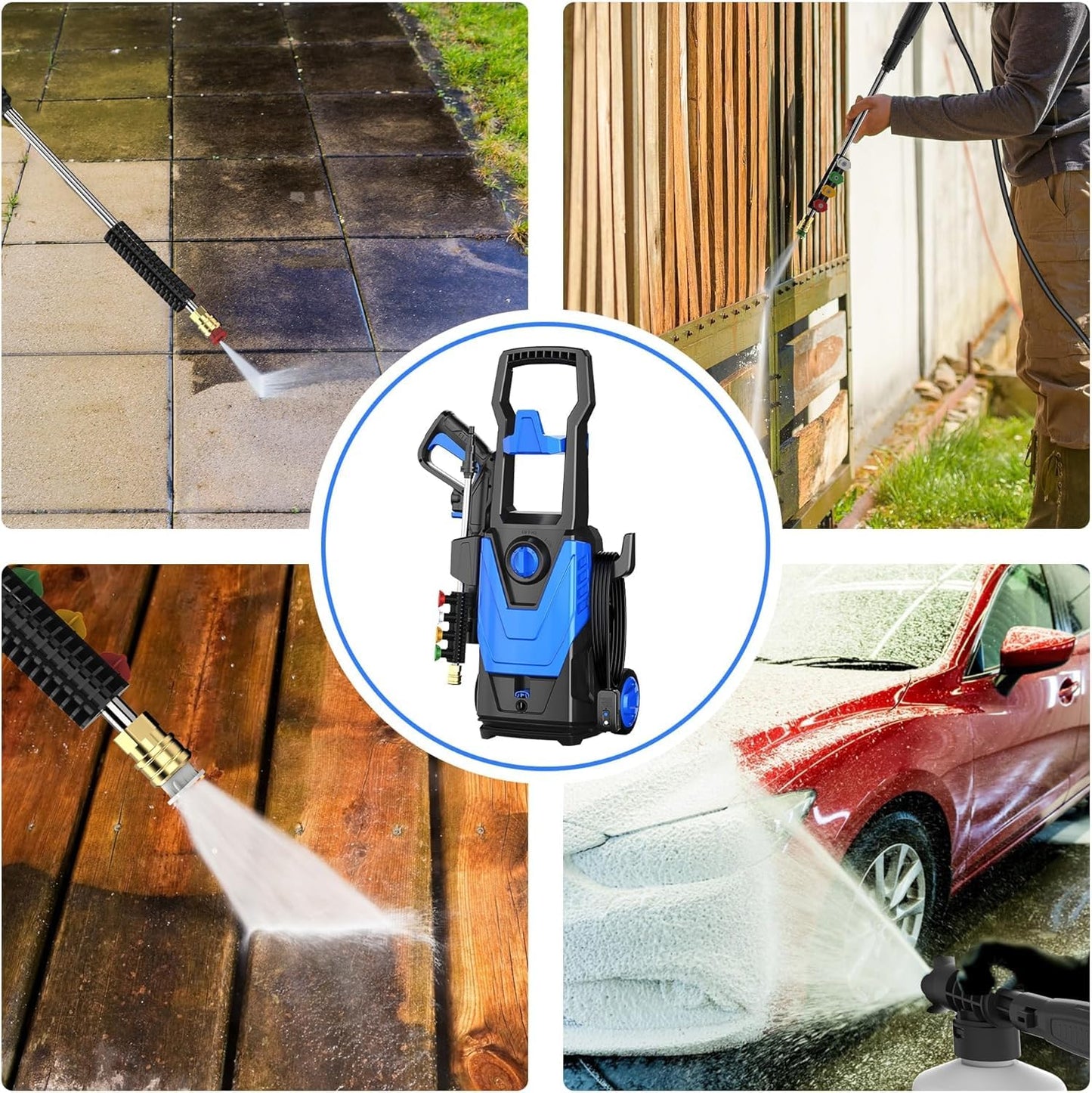 Pressure Washer 4 Wheels with Anti-Tipping Technology, Soap Tank 4 Nozzles for Patios Cars Home