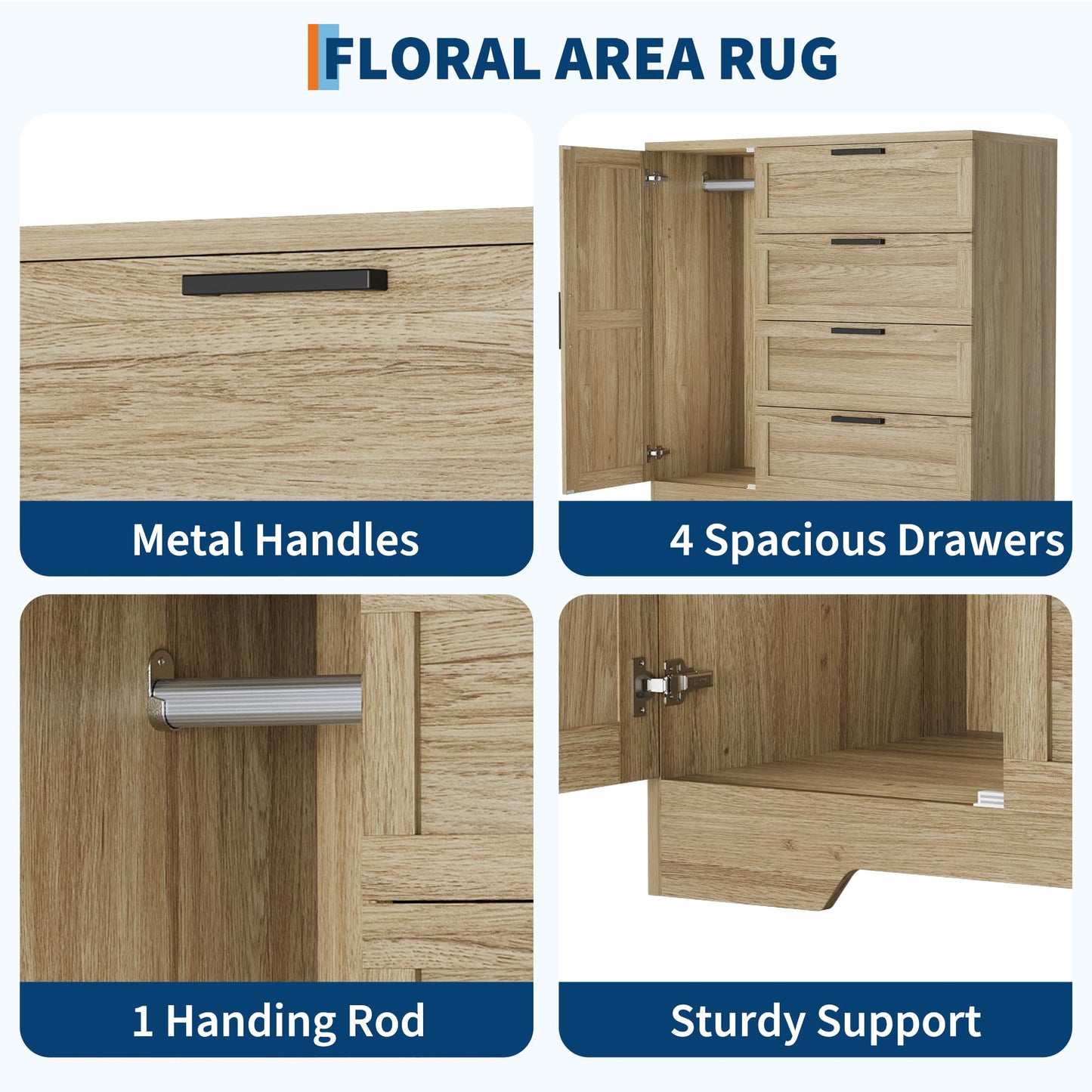 IDEALHOUSE 43.3'' H Armoire Wardrobe Closet with 4 Drawers and Hanging Rod, Multifunctional Wood 4 Drawers Dresser with Storage Closet, Clothing Storage Cabinets for Bedroom, Natural Oak