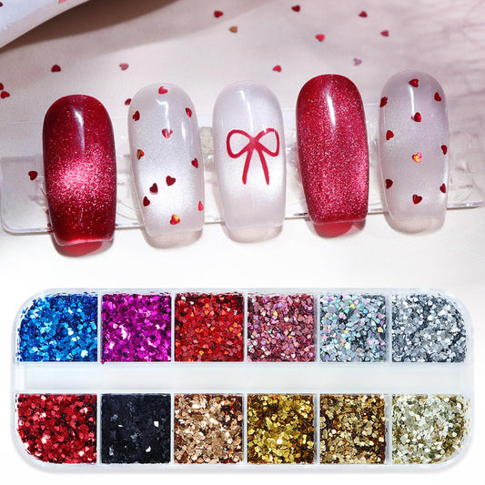 12Grids Mini Heart Nail Glitter Sequin - Mini Love Heart Stars Nail Parts Sparkling Holographic Love Hearts with Multicolor Design Valentines Charms Nail Decorations Manicure for Nail Art Accessories