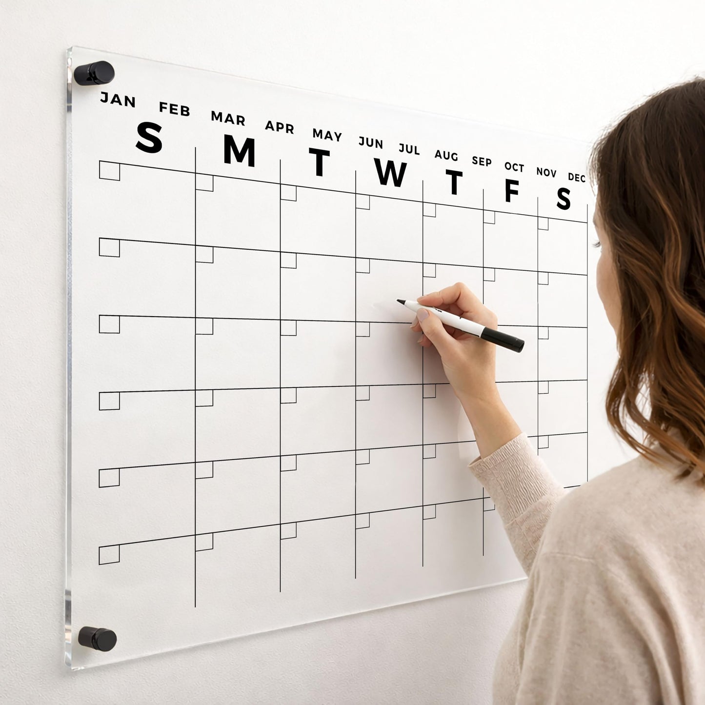 Horizontal Acrylic Dry Erase Calendar - Acrylic Monthly Wall Calendar with Marker, Family Organizer Board, Housewarming Gift (Black Standoff, 18"x14")
